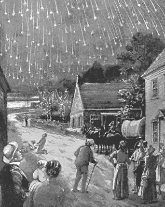 Drawing of the 1833 Leonid Storm, showing falling stars over a town with people looking up.