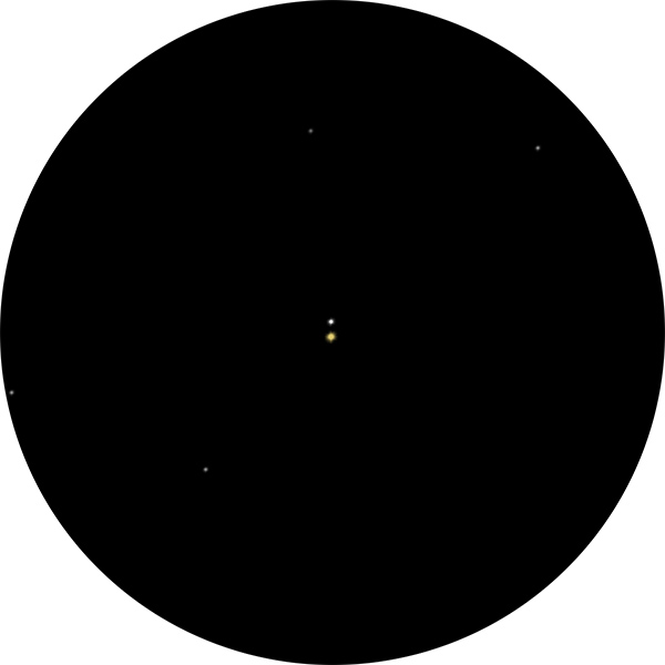 Sketch of double star 94 Aquarii in the constellation Aquarius. The drawing shows the yellow hue of the primary star with nearby dimmer companion. STF 2998.