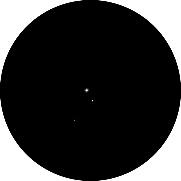 Sketch of Beta Piscis Austrini, an optical star in the constellation Piscis Austrinus. Drawing shows both white stars around 30 arcseconds apart.