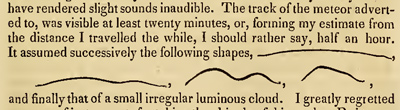Picture of book excerpt from Denison Olmsted’s report on eyewitness accounts: One observer drew the lingering vapor trail left by a meteor, noting how its shape slowly changed over the course of 20 minutes.