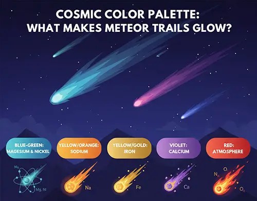 Illustration showing what gives streaking meteors their colors.