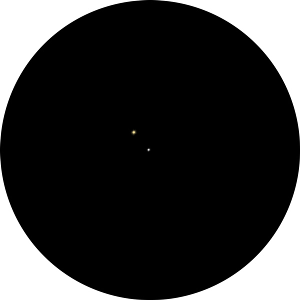 Drawing of triple star system HD 214599 in Piscis Austrinus, featuring orange primary star and white secondary. Also known as SAO 191308, HIP 111879, HR 8619