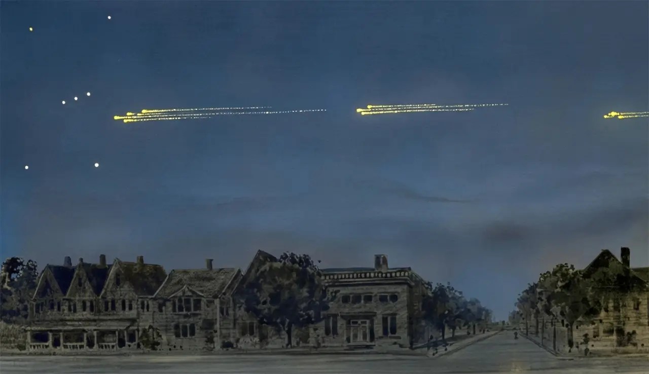 Painting by Gustave Hahn showing yellow stream of meteors crossing over a town at night, depicting the 1913 Meteor Procession.
