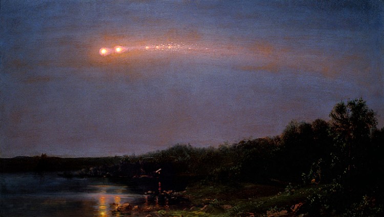 Painting by Frederic Church showing several orange fireballs crossing the sky over a lake at night.