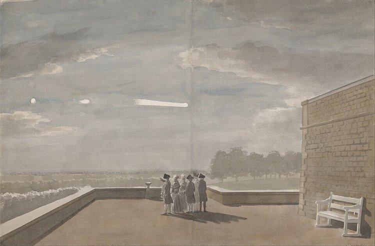 Painting showing men from Windsor Castle viewing a meteor crossing the sky.
