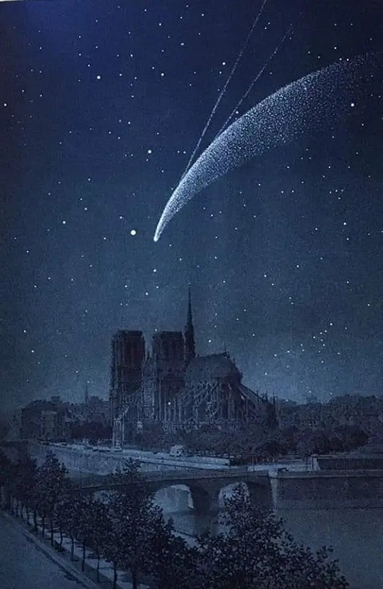 Shows Comet Donati's sweeping tail over Notre Dame cathedral in Paris at night.