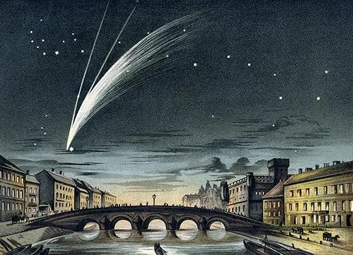 City scene at twilight showing Comet Donati overhead with the Ursa Major in the background.