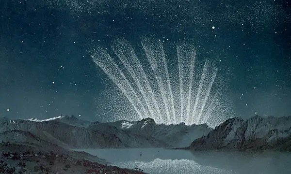 Smaller image of the Great Comet of 1744, showing six rays of light emanating from distant mountains and reflected in a lake.