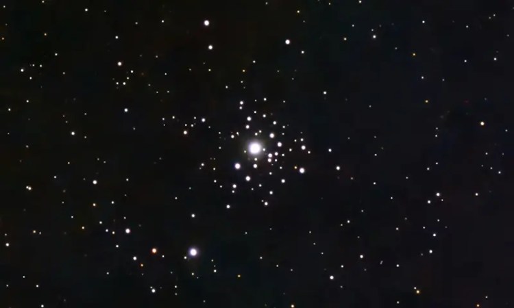 Photo of the NGC 2362 open star cluster in Canis Major showing bright center star. Seestar image taken over 5 minutes.