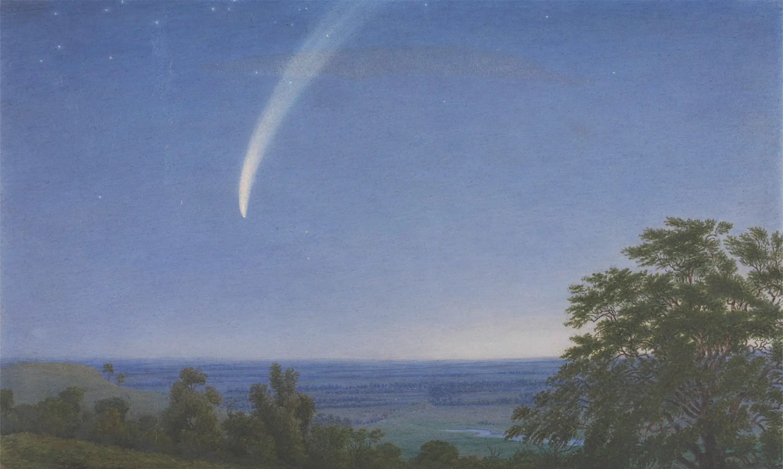 Comet Donati hovers above a pastoral painting at dusk, painting by William Turner.