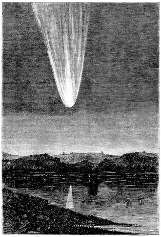 Etching of Comet 1861 over lake in black and white.