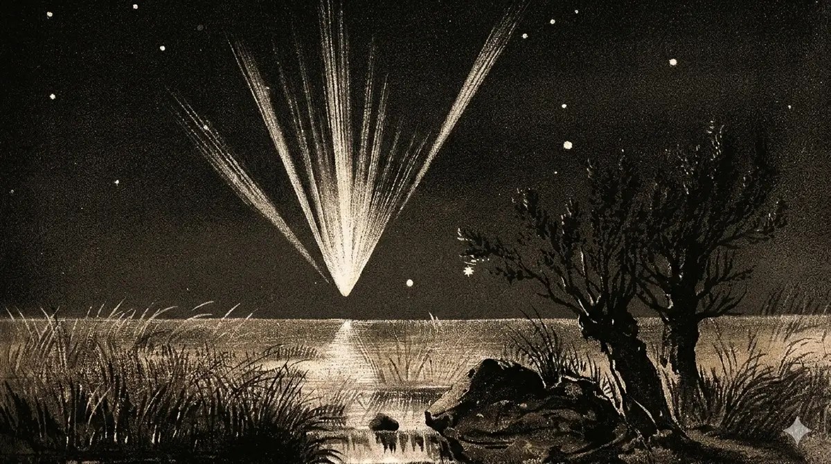 Landscape drawing showing Comet of 1861 by E. Weiß.