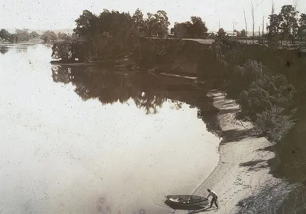 Sepia image of the Hawkesbury River near Windsor, showing the broad river along the banks.