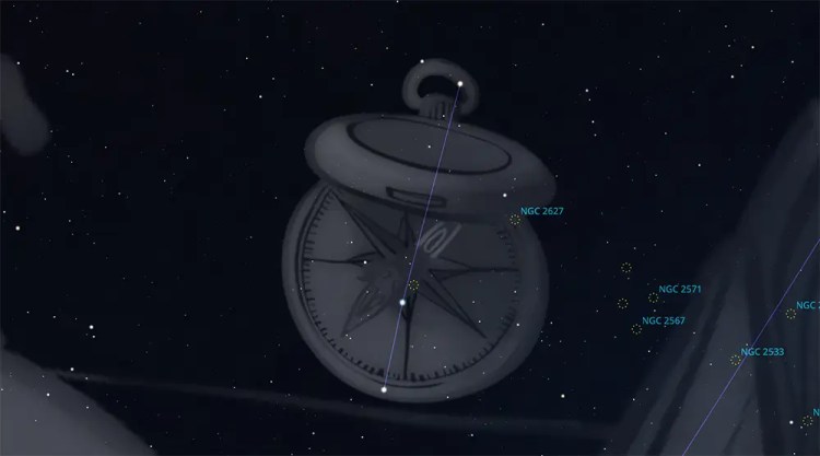 Illustration of Pyxis constellation, showing where open star cluster NGC 2627 is located.