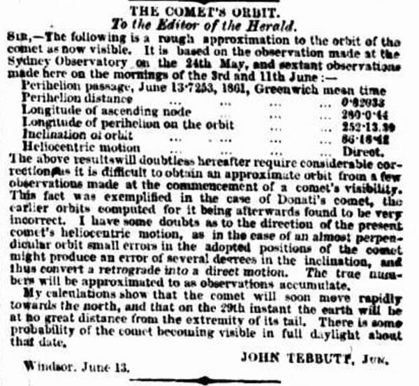 Black and white newspaper clipping, featuring letter from John Tebbutt.