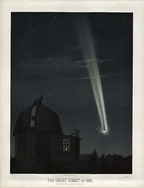 Great Comet of 1881 illustration showing comet with tail above the horizon