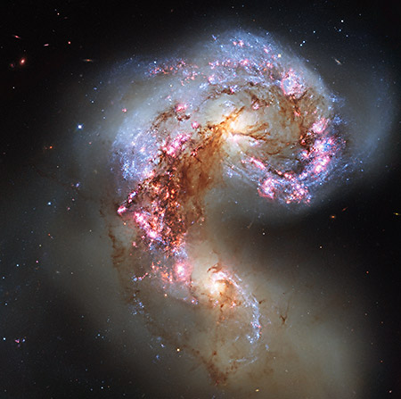Photo of the Antennae Galaxies. Clouds of gas are seen in bright pink and red, surrounding the bright flashes of blue star-forming regions — some of which are partially obscured by dark patches of dust.