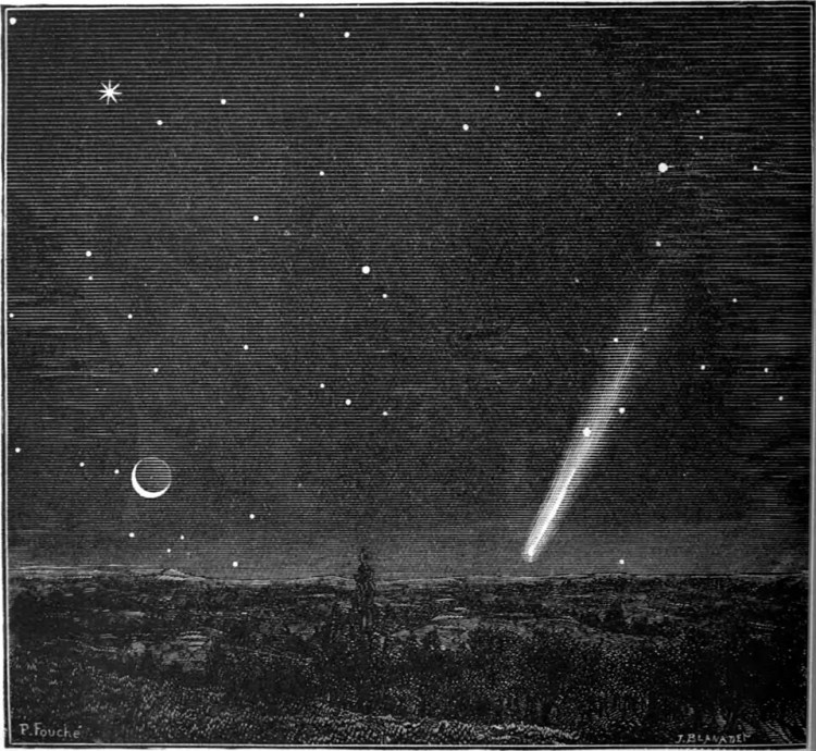 Black and white illustration of Great Comet of 1882 by Flammarion.