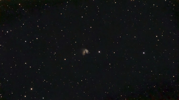 Seestar S50 image of the NGC 4038 and NGC 4039 without cropping. Taken with 10-second exposure over 60 minutes from Bortle 8 skies.