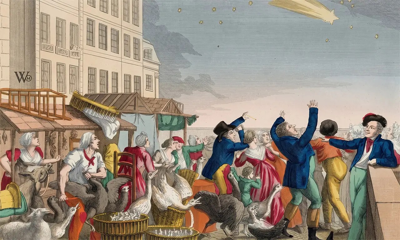 Color engraving of appearance of the famous comet of 1811, view from the quai de la Vallée