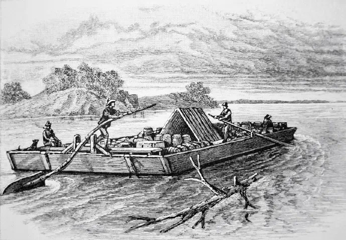 Engraving showing the kind of barge and keelboat traffic on the river around 1811