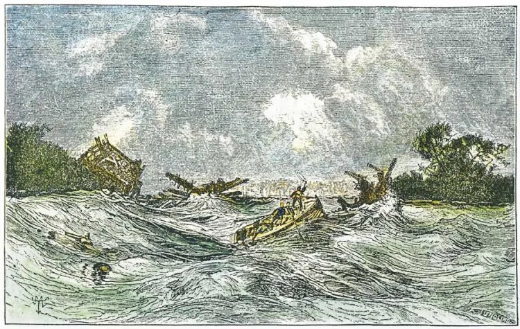 Contemporary-style engraving of boats on the Mississippi during the first major shocks