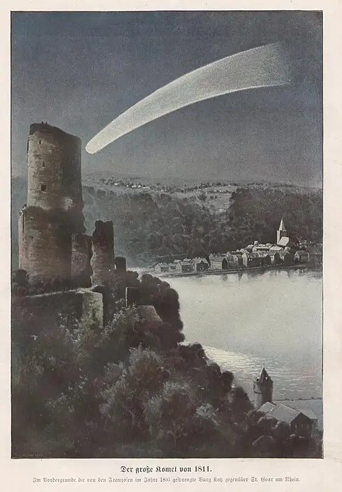 Color illustration of Great Comet of 1811 by CHR Schreiber. Comet hanging over river and nearby castle tower.