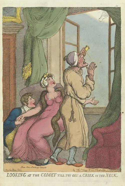 Hand-coloured satirical print of people looking at Comet of 1811.