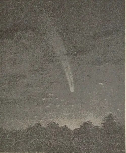 Sketch on paper of the Great Comet of 1910 showing a bright head and a tail sweeping up from the horizon.