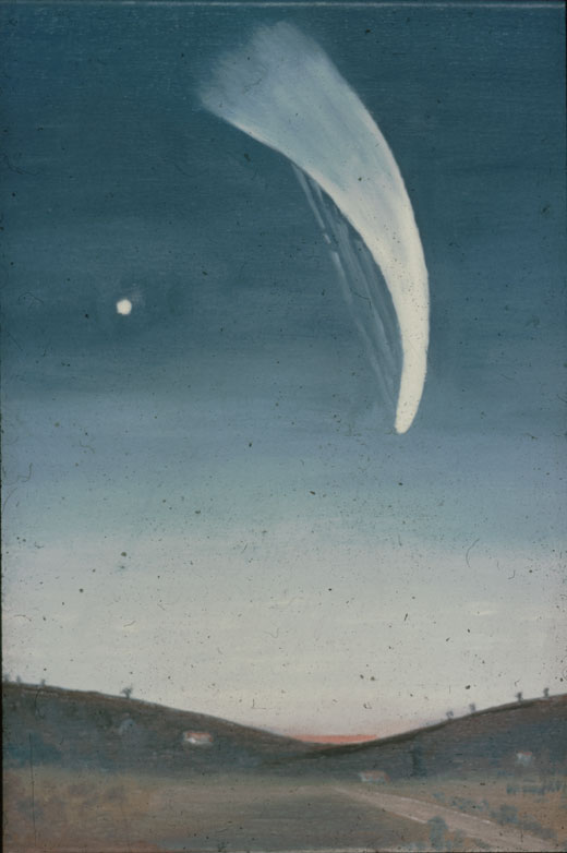 Drawing of the Great January Comet showing the the comet with tail over a horizon