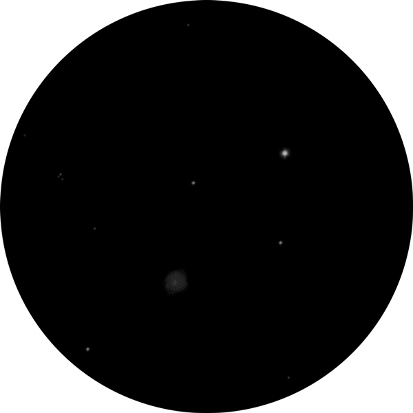 Sketch of Messier 89 galaxy as viewed through an 8-inch SCT scope, showing a circular smudge-like disc in a dark star field.