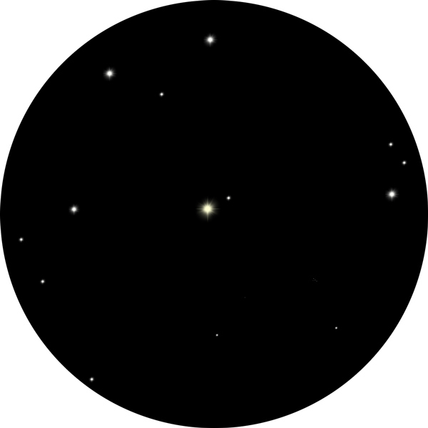 Sketch of the star Capella in the constellation Auriga as a golden-yellow star. Several white stars are included in the sketch to show how the star appears through a telescope.